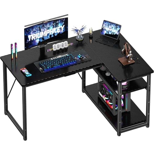 Image of TRIUMPHKEY 120 * 80cm L Shaped Gaming Desk with Reversible Large Storage Shelves, Computer Desk Workstation Matching Under Desk Height Adjustable Storage, Home Office, Carbon Fibre Black