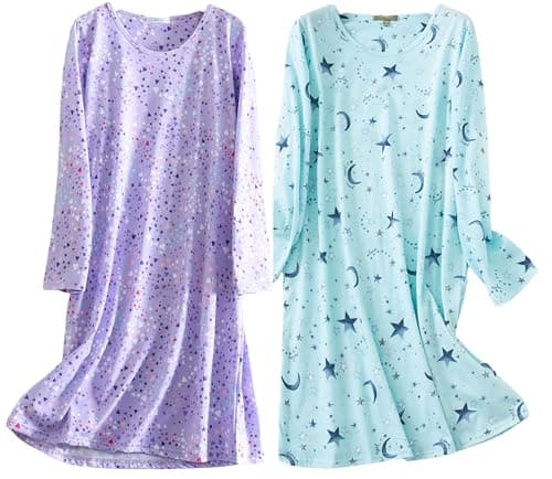 Image of BERDITH 2 Pack Nighties for Women Long Sleeve Nightdress Cotton Blend Ladies Nightshirt Nightdresses Womens Plus Size Nightie Night Dress UK 18-20 Blue star Gift Mum Mummy Mothers Day