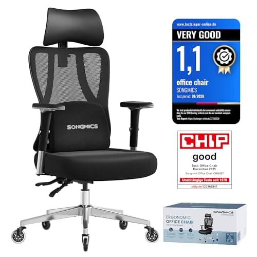 Image of SONGMICS Ergonomic Office Chair, Height Adjustable Desk Chair, Gaming Chair with Adjustable Lumbar Support, Headrest, Armrests, Reclining Backrest, Loads 150 kg, Ink Black OBN067BH02