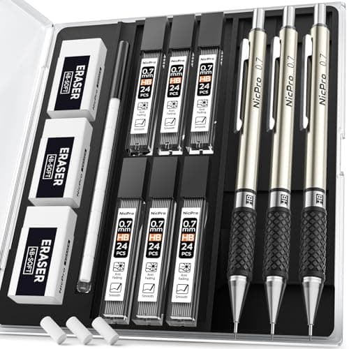 Image of Nicpro 3PCS 0.7mm Mechanical Pencil Set with Case, RG1000 Metal Art Drafting Pencils Drawing with 6 Tube HB Lead Refills, 3 Erasers, 9 PCS Eraser Refills for Artist Writing, Engineering, Sketching