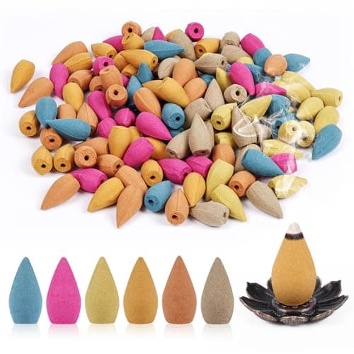 Image of AUAUY Backflow Incense Cones, 120 PCS Fresh Incense Cones with 1 Holder, 6 Natural Scents Includes Rose, Jasmine, Ocean, Sandalwood and More, Perfect for Meditation, Yoga, Relax, Home Decor Scent