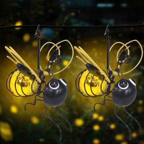 Image of 2PCS Bee Solar Lights Outdoor Garden, LED Hanging Metal Bees Lanterns, Novelty Solar Insect Simulation Light, Waterproof, Solar Fairy Garden Lights Decoration for Patio Yard Pathway Balcony