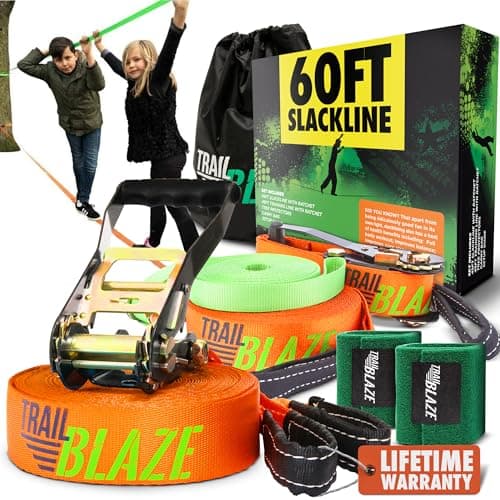 Image of Complete Slackline Kit with Training Line - 18 Metre Slack Line XL Tree Protectors, Kids Adults Tightrope Ninja Warrior Obstacle Course for Kids
