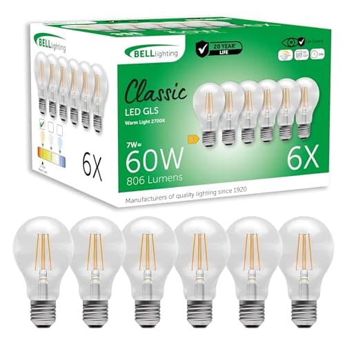 Image of BELL Lighting E27 Edison Screw Cap Filament Dimmable Light Bulb LED GLS 6 Pack | Warm White 2700K | 806 Lumen 7W | Energy Saving GLS LED Light Bulb | 60W Lamp Equivalent