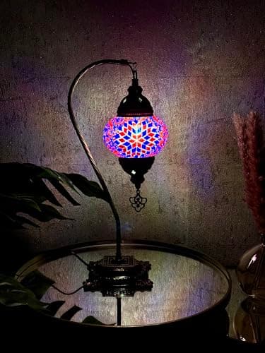 Image of Lightza Handmade Turkish Moroccan Mosaic Desk Lamp LED Bulb | Swan Neck Unique Globe Lampshade Table Light | UK Tested Safe Energy Efficient (Purple Big Flower)