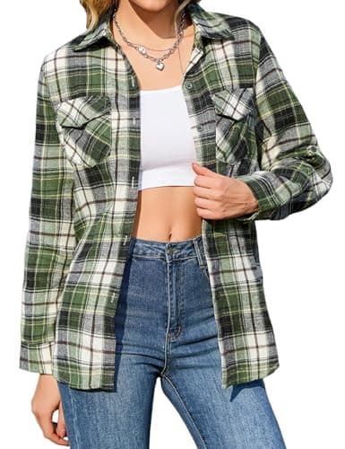 Image of Totatuit Women Checked Top Casual Long Sleeve Button Down Flannel Ladies Plaid Blouse Shirt V Neck with Pocket Black Green