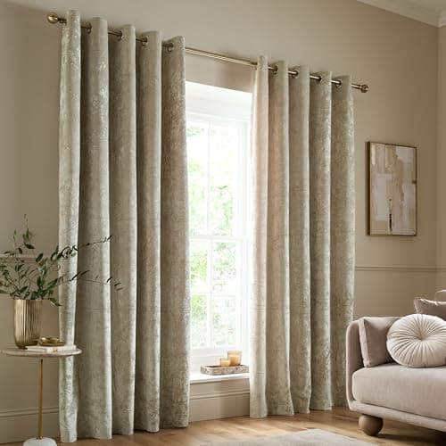Image of Catherine Lansfield Crushed Velvet 66x72 Inch Lined Eyelet Curtains Two Panels Natural