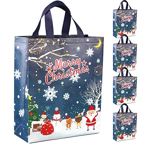 Image of DOJoykey 5pcs Christmas Tote Bags, Blue Non-woven Fabric Gift Bags Large Size with Handle for Xmas Gift Delivering Shopping Party Decoration
