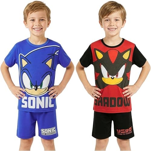 Image of SONIC THE HEDGEHOG Boys Pyjama Sets 5-12 Yrs, 2 Pack Short Pj Bottoms Crew Neck T-Shirts, Soft Comfy Loungewear, Gaming Gifts (7-8 Years, Blue/Red Sonic, 2 Pack)