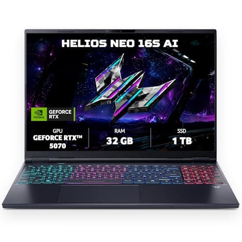 Image of Acer, Predator Helios Neo 16S AI, Gaming Laptop, 16 inches, 2.5K 240 Hz OLED Display, Intel Core Ultra 9 275HX, 32 GB RAM, 1 TB SSD, NVIDIA GeForce RTX 5070, Windows 11 Home, Black