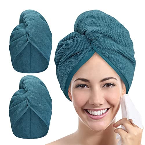 Image of YoulerTex Microfibre Hair Towel Wrap: 2Pack Hair Turban Super Absorbent Rapid Drying Microfiber Towel for Women Curly Long Wet Plopping Hair Girls Head Towelling Large Anti-Frizz (Haze Blue)