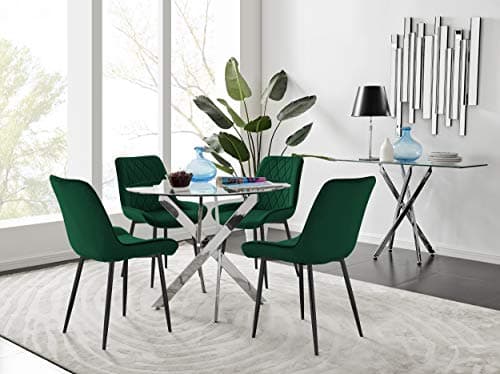 Image of Furniturebox UK Novara 100cm Modern Round Chrome Metal and Clear Glass Dining Table and 4 Luxury Stylish Pesaro Velvet and Black Leg Dining Chairs Set (Dining Table + 4 Green Pesaro Chairs)