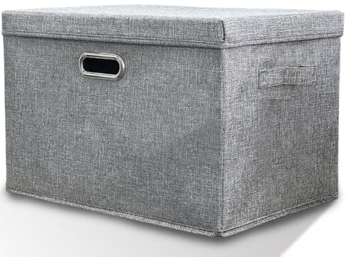 Image of Storage Boxes with Lids Fabric, 38 L Collapsible Grey Large Stackable Cube Storage Box, Bedroom Foldable Wardrobe Shelves Organiser Decorative Baskets are used to Store Clothes Small Toys Keepsake
