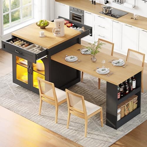 Image of BTM Kitchen Island Table with Storage Cabinet Extendable Dining Breakfast Bar Table with LED & Glass Doors, Kitchen Countertop Black