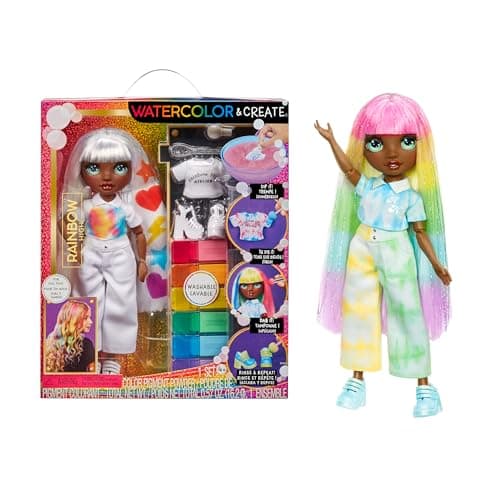 Image of Rainbow High Watercolour & Create DIY Fashion Doll with Washable Watercolours and Tie-Dye Kit - Green Eyes, Straight Hair, Extra Top & Shoes - Colour, Create, Play, Rinse and Repeat - Kids 4-12+ Years