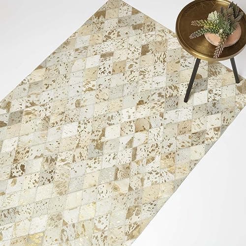 Image of HOMESCAPES Gold & Grey Leather Rug 90 x 150 cm Handwoven Geometric Diamond Recycled Leather Rug for Living Room & Bedroom