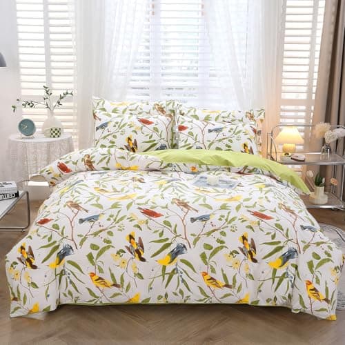 Image of STYHO 3 Pcs Cotton Floral Duvet Cover Sets Double Green Leaves Birds Printed Bedding Sets with Pillowcases Ultra Soft Egyptian Cotton Rustic Flower Duvet Set for All Seasons(Birds, Double)