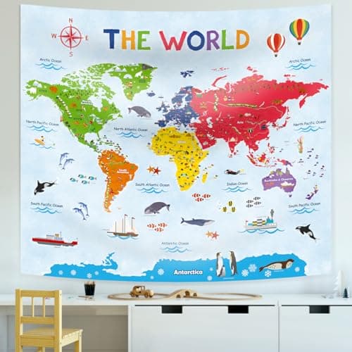 Image of DECOWALL TP-009 Large World Map Tapestry Kids Educational Tapestries Wall Hanging for Bedroom Living Room Dorm Art Home Decor Polyester 60x50 inches (150x130cm)