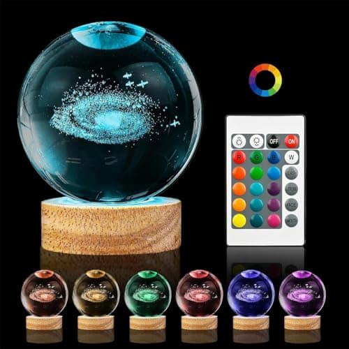 Image of 3D Galaxy Crystal Ball Night Light 3.15in Galaxy System Crystal Ball 16 Colors Night Light with Wooden Base Snow Globe Glass Laser Engraved Gift for Women Kids Friends Family [Energy Class A]