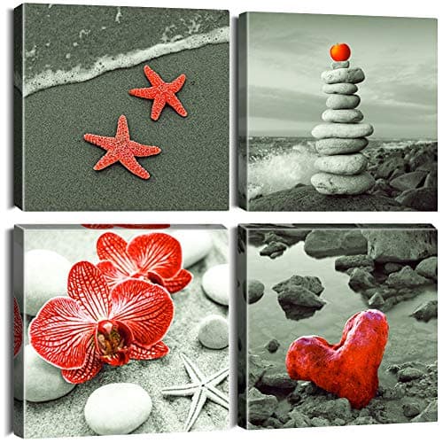 Image of Artscope 4 Pieces Wall Art Canvas Prints - Seaside Red Starfish and Apples and Flowers and Love Hearts Picture Painting- Modern Wall Artwork Framed for Bathroom Home Office Decor - 30 x 30 CM