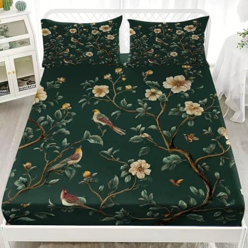 Image of Double Fitted Bed Sheet - Chinese Floral And Bird Pattern Hotel Luxury Double Fitted Bed Sheet Fits Mattress Up to 12" - Soft & Comfy Bedding - Dark Green Breathable Fitted Bottom Sheet