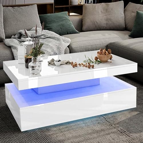 Image of Coffee Table for Living Room White High Gloss Coffee Tables Sofa Side Table Wooden Centre Tea Table with LED RGB Lights 2 Drawer Storage Rectangle Coffee End Table for Home Office Furniture