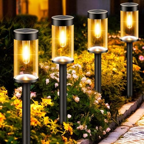 Image of nipify Solar Path Lights, 4 Pack Auto On/Off Solar Lights Outdoor Garden Stake Waterproof, Warm White Solar Powered Pathway Lighting for Driveway Yard Patio Lawn