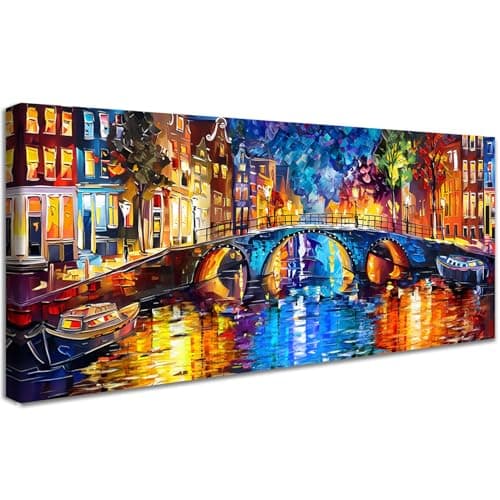 Image of Wooden Framed Large Canvas Wall Art Bridges at Night Abstract Painting on Canvas Prints Poster Colourful Street Lights Pictures for Living Room Bedroom Dinning Room Restaurant Wall Decor 50x120cm