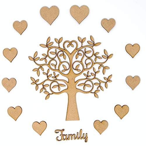 Image of Family Tree Set - MDF Tree, Hearts and Family Wording. Make Your Own (17.5cm) - Brown MDF Finish is Blank for Crafting