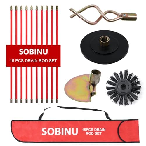 Image of Sobinu 30ft (9m) Drain Rod Set Kit – 15PCS Professional Heavy Duty Drain Cleaning Rods with Plunger, Worm Screw, Scraper & Brush, Pipe & Gutter Unblocking Tool with Carry Bag