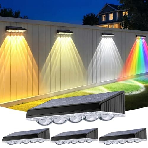 Image of GEARLITE Solar Fence Lights 4Pack, 5-Convex Lens Solar Lights Outdoor Garden, Warm/Warm White/Cool White & RGB 9 Colors 10 Modes Garden Fence Solar Lights, Outside Wall Light for Yard Pathway Pool