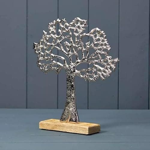 Image of Fyne-Finds Aluminum Silver Tone Tree of Life Sculpture on Mango Wooden Base 27cm Home Decorative Gift Ornament