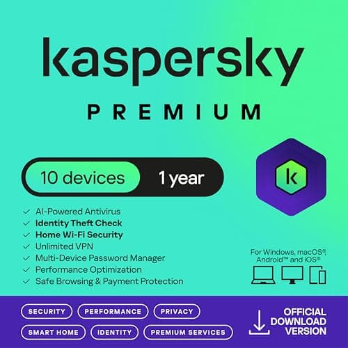 Image of Kaspersky Premium Total Security 2026 | 10 Devices | 1 Year | Anti-Phishing and Firewall | Unlimited VPN | Password Manager | Parental Controls | 24/7 Support | PC/Mac/Mobile | UK Online Code