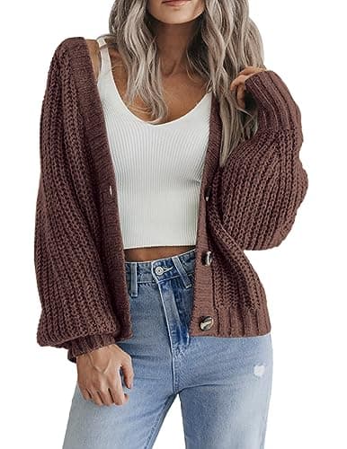Image of HOTOUCH Ladies Cardigans UK Short Open Front Jumpers with Buttons Womens Loose Long Sleeve Knitwear Oversized Sweater for Winter Spring Brown S