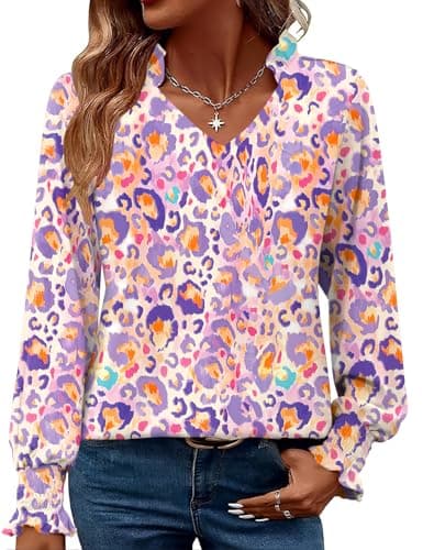 Image of Kistore Winter Blouses for Women Dressy Casual V Neck Long Sleeve Shirts Fashion 2025 Trendy Purple Leopard Print Tops XL
