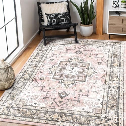 Image of XSIVOD Area Rugs for Bedroom Living Room, Pink Washable Rugs for Entryway Kitchen Mat, Non Slip Bedside Vintage Rug, Soft Oriental Rug Accent Floor Carpet for Home Decor, 90 x 150 cm