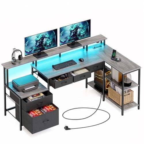 Image of Seventable L Shaped Computer Desk with USB Ports, Power Outlets, LED Strip, Drawers & File Cabinet, Reversible Corner Gaming Desk with Monitor Shelf & Storage for Home Office (Grey)