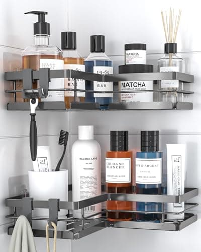 Image of Kitsure Shower Caddy – 2-Pack Corner Shower Shelf with Quick Drain Design, Strong Adhesive, No-Drill Installation & Rustproof Finish for Bathroom, Kitchen & Laundry, Sliver, 22.0x 22.0 x 5.0 cm