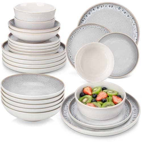 Image of vancasso Plates and Bowls Set for 6, 24-Piece Reactive Glaze Grey Dinner Set, Mediterranean Style Crockery Set, Chip and Scratch Resistant Plates Set