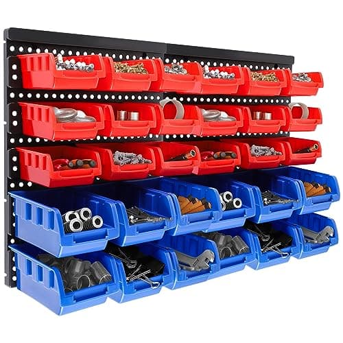 Image of Holdfiturn 32Pcs Wall Mounted Storage Bins Backboard DIY Stackable Workshop Storage for Tools Hardwares Crafts 64 x 41cm Plastic Bin Panel Rack with Screws for Tool Shed Garage Workshop