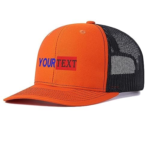 Image of Custom 112 Trucker Cap for Adult Personalized Embroidered Logo Text Mesh Baseball Hat Sun Hat for Summer Travel Beach Orange Black