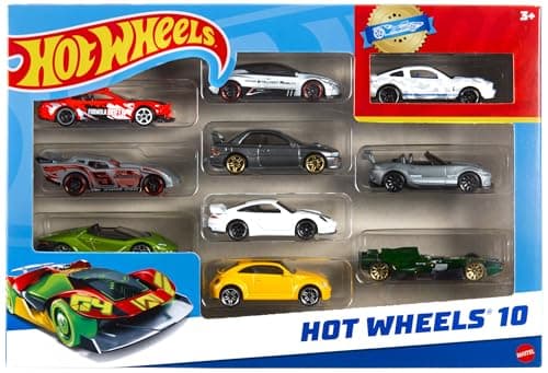 Image of Hot Wheels Toy Cars & Trucks in 1:64 Scale (Assorted Styles, One Random Set), Set of 10, Multipack of Die-Cast Race or Police Cars, Hot Rods, Firetrucks or Vans (Styles May Vary), 54886