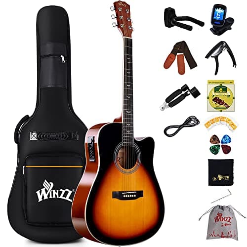 Image of Winzz Electro-Acoustic Guitar for Adults, 4/4 Full Size Beginner Guitar Folk for Children over 12 years (41 Inches, Steel-string, Sunburst Glossy)