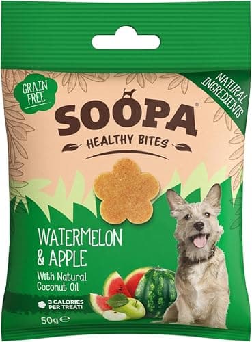 Image of Soopa Watermelon & Apple Healthy Bites, Human-Grade, Grain-Free, Natural Dog Treats for Small Dogs, Medium, Large, Puppy, Dog Training Treats, Low Calorie, Superfood Ingredients, Vegan, 50 g, 1-Pack