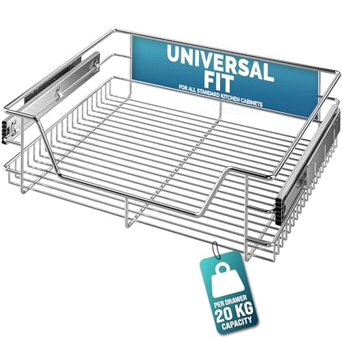 Image of CASARIA® Pull Out Telescopic Kitchen Drawer | For 60cm Units - 56cm Internal Cabinet Dimensions | Chrome-Plated | 20kg Load Capacity | Basket Shelf Organiser Storage Space Saving