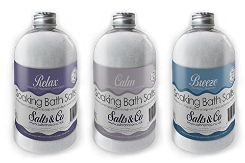 Image of 3 Bottles of Bath Salts - Relax, Calm & Breeze - Lavender, Peppermint, Lemongrass, Chamomile, Valerian. Eucalyptus, Rosemary Essential Oils - Salts & Co Aromatherapy Epsom Salts - 3x500g