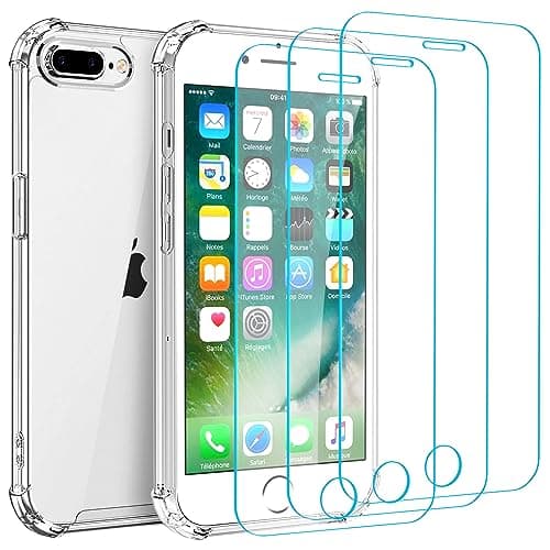 Image of Whioltl Case for iPhone 7 Plus and iPhone 8 Plus with 3 Pack Tempered Glass Screen Protectors, Crystal Clear Phone Cover, Anti-Scratch, Transparent Basic Case Compatible with Wireless Charger