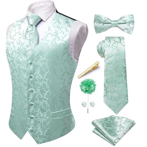 Image of Hi-Tie Mens Light Green Suit Waistcoats Tie Bowtie Set Waistcoat Tie Bowtie Hanky Cufflinks Set Tuxedo Business 7PCS