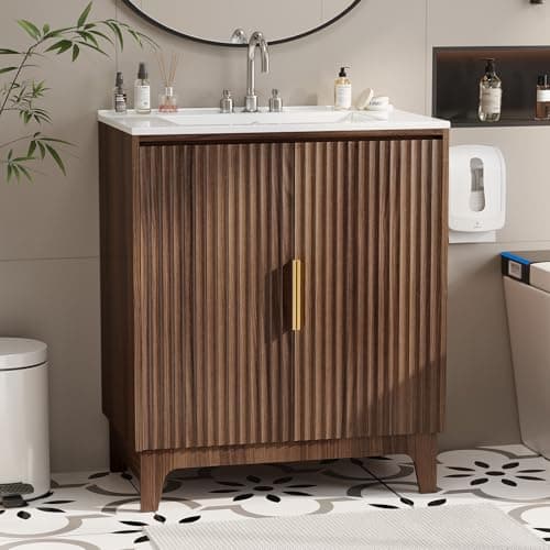 Image of Bonnlo 30 inch Bathroom Vanity Unit with Basin, Under Sink Bathroom Cabinet with Slatted Door, Walnut Finish Vanity Unit with Ceramic Sink for Family Bathroom