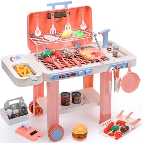 Image of CUTE STONE BBQ Grill Toys for Kids with Color Changing Food, Cool Mist Spray, Sizzling Sound & Lights - Pretend Play Cooking Outdoor Grill Set with Frying Pan, on Wheels for Easy Move